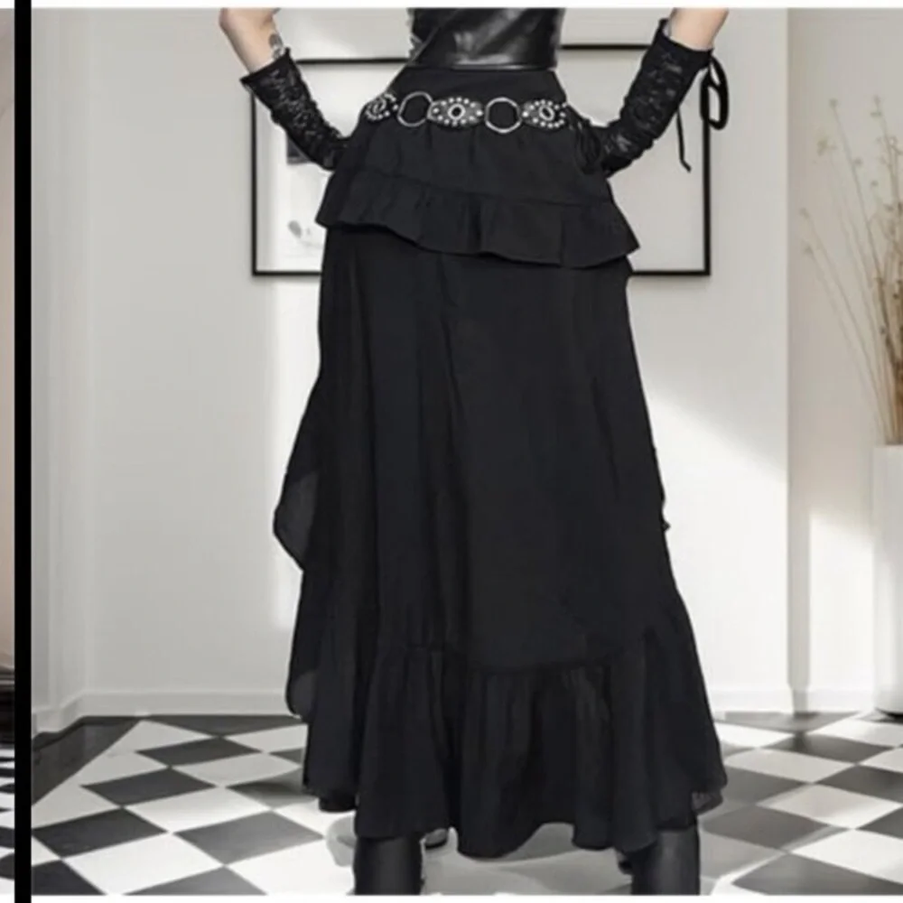 Gothic Tiered Maxi Skirt Asymmetrical High Waist Y2K Punk Grunge